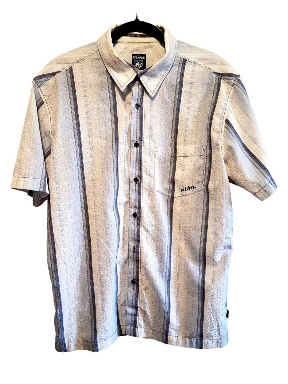 Kühl Mens Striped Short Sleeve Button-Up Shirt L Blue & White Lightweight Casual